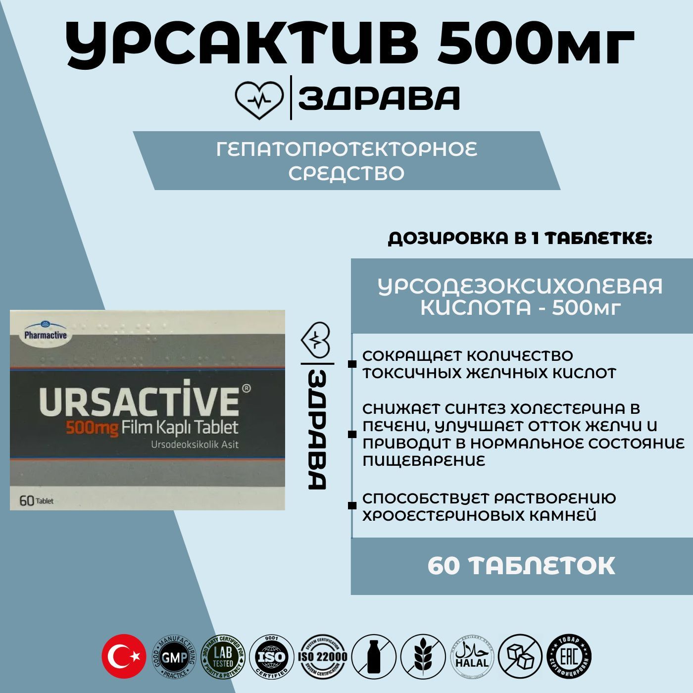 URSACTIVE PHARMACTIVE Turkey / Урсактив 500МГ 60шт таблеток - купить с  доставкой по выгодным ценам в интернет-магазине OZON (987992718)