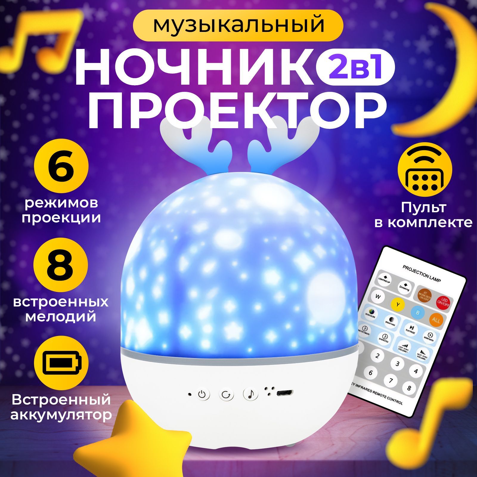 Купить Проектор звездного неба Goodly Cute Elf Projection Lamp с рожками,  ночник детский для сна, От порта USB по выгодной цене в интернет-магазине  OZON (812508770)