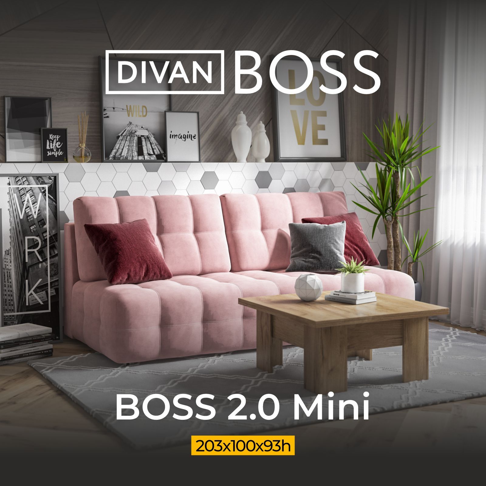 Диван раскладной BOSS 2.0 Mini, прямой, в гостиную, велюр Monolit розовый,  203х100х93 см