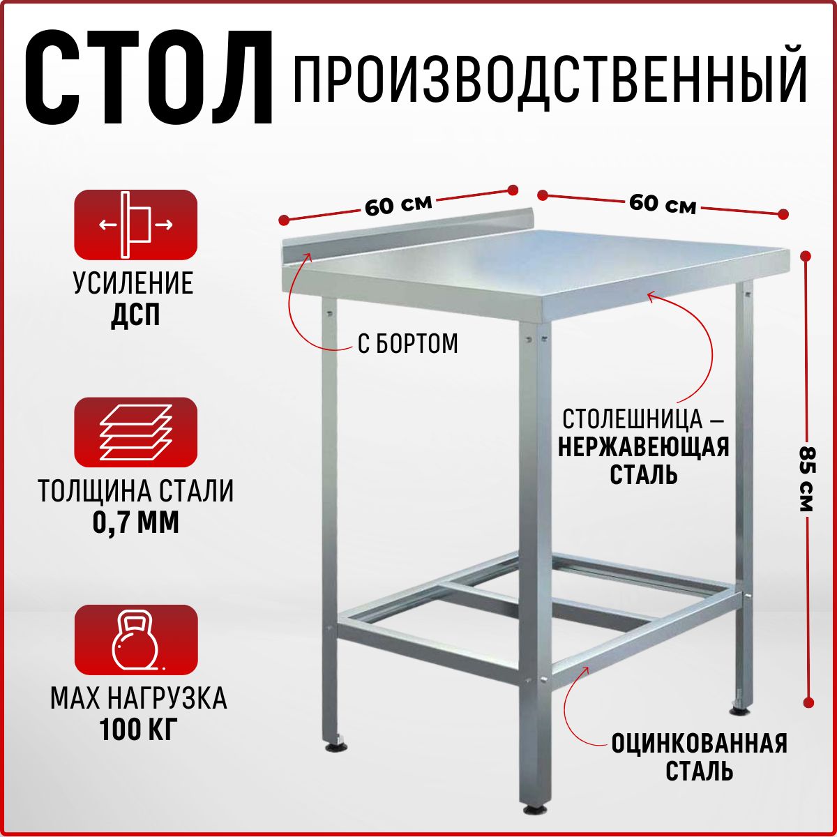 Стол из нержавеющей стали 600х600х850 с бортом производственный для  общепита - купить с доставкой по выгодным ценам в интернет-магазине OZON  (1322990556)