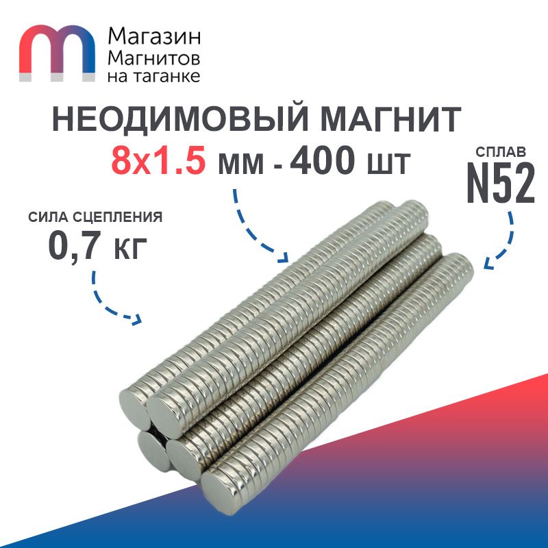 Неодимовый магнит усиленный диск 8х1.5 мм (N52) - 400 шт