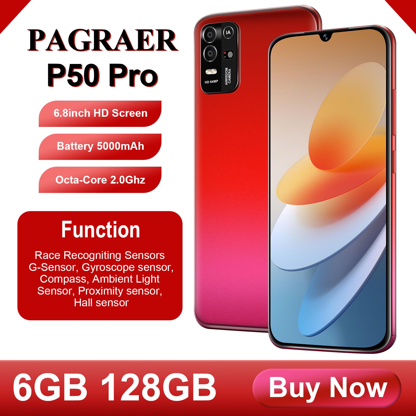 PAGRAERСмартфонP50Pro_SIM(безeSIM)Global6/128ГБ,красный