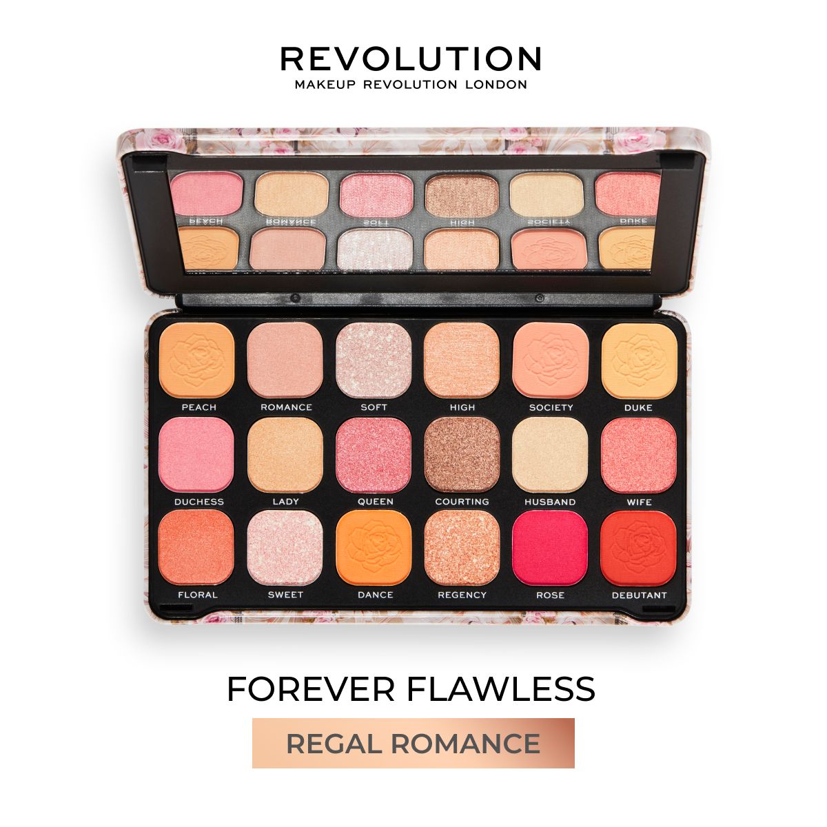 MakeupRevolutionТенидлявекForeverFlawlessRegalRomance:большаяпалеткадляглаз,нюдовые,блестящие,матовые,розовые,красные