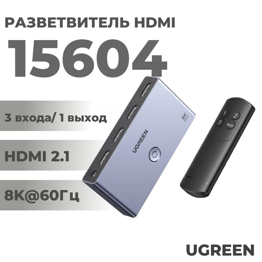 Разветвитель HDMI (сплиттер) Ugreen 15604 на 3 входа/1 выход 8K