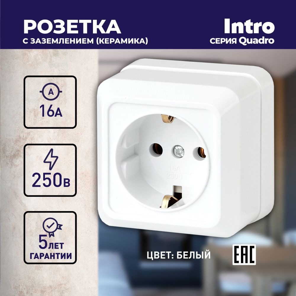 РозеткаIntroQuadro2-202-01сзаземлением2P+ESchuko16А-250ВIP20открытойустановкибелая