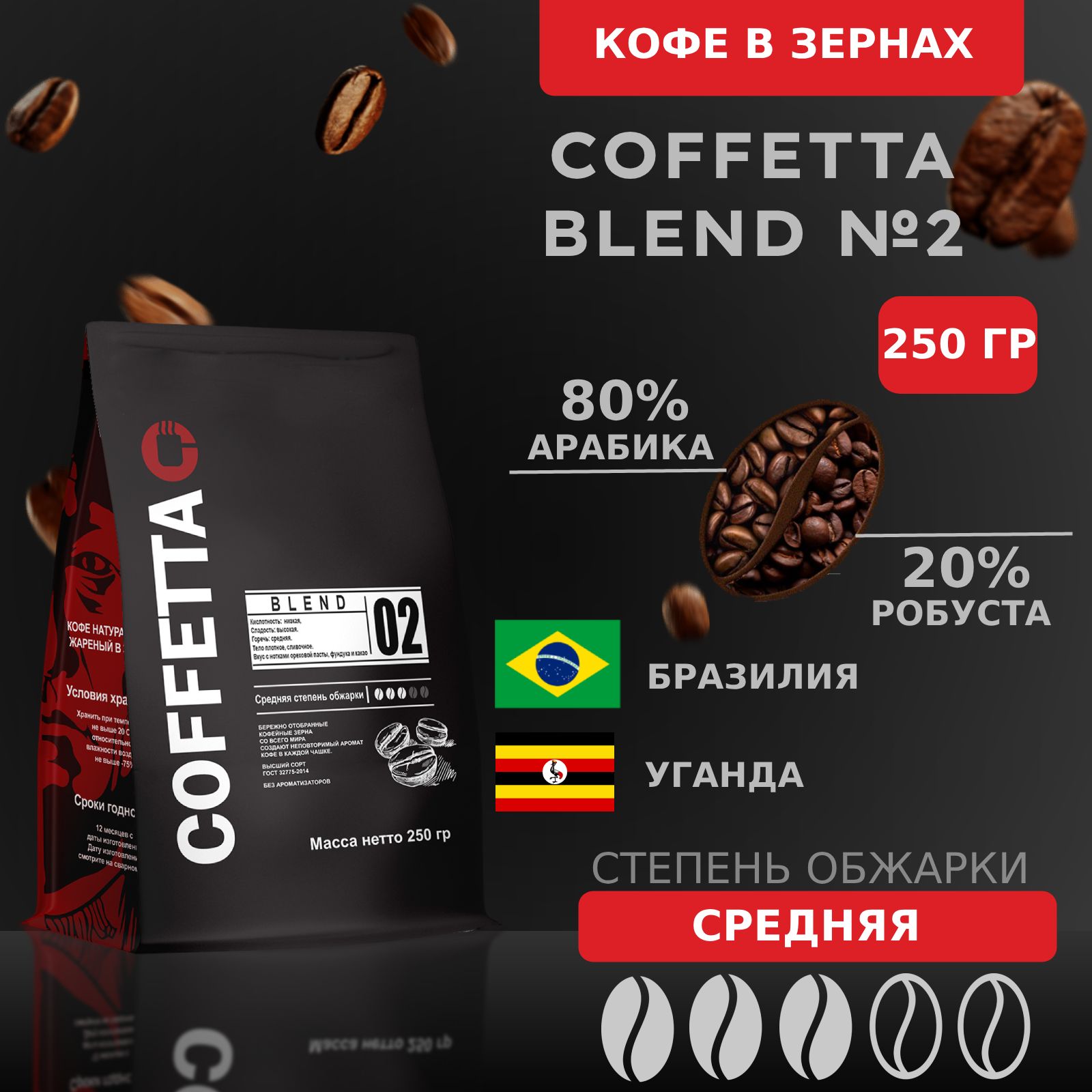 Кофе в зернах арабика/робуста, 250 гр средней обжарки Coffetta Blend №2 для  кофемашин, турок или френч-пресса