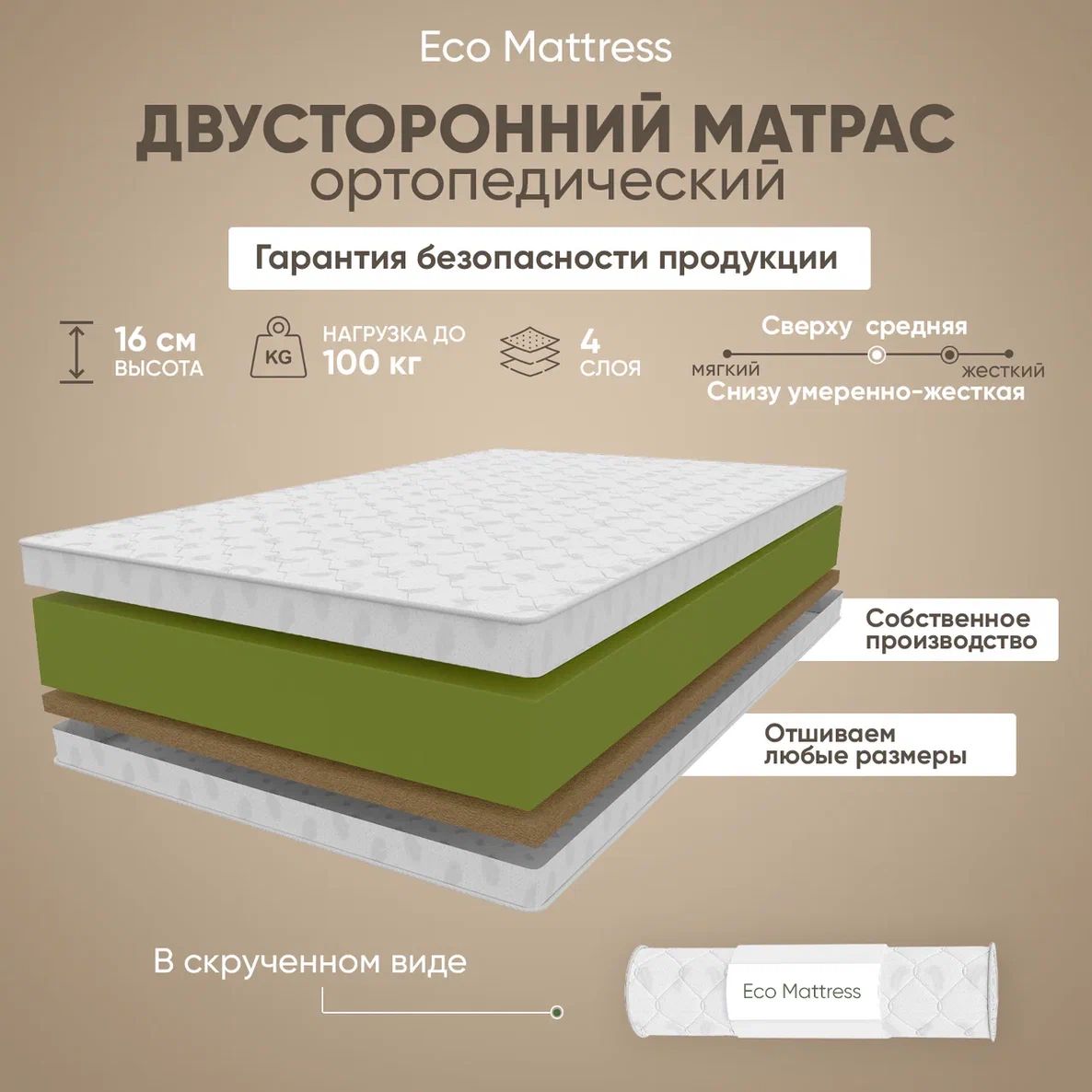 Ортопедическийбеспружинныйодноспальныйматрас90x200EcoMattress15VSk,скокосом,ППУ,разнаяжесткостьсторон,врулоне