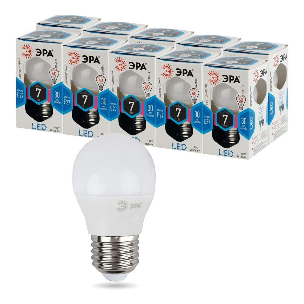 Лампочка ЭРА LED P45-7W-840-E27, Нейтральный белый свет, 7 Вт, Светодиодная, 10 шт.  #1