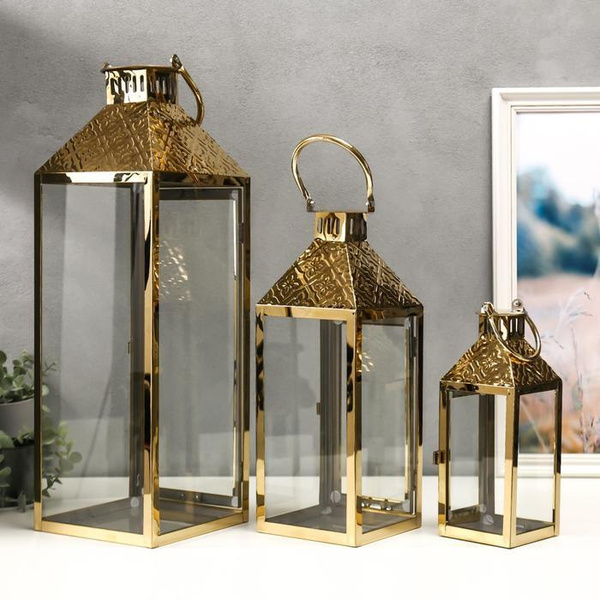 Подсвечник металл, стекло фонарь "Ромбы" золото н-р 3 шт 55х18х18 37 ...