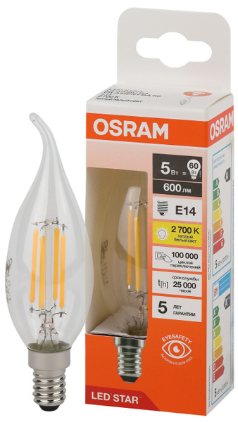  Лампочка OSRAM E14 Свеча на ветру 600 Лм 2700 К -  в .