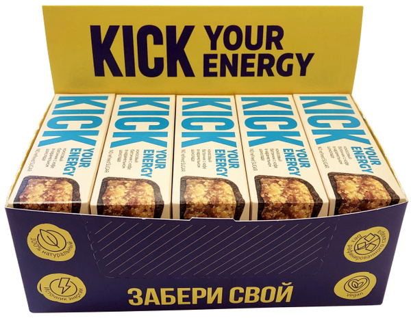 Шоколадный батончик KICK YOUR ENERGY кокосовый, с кофе, в карамельном ...