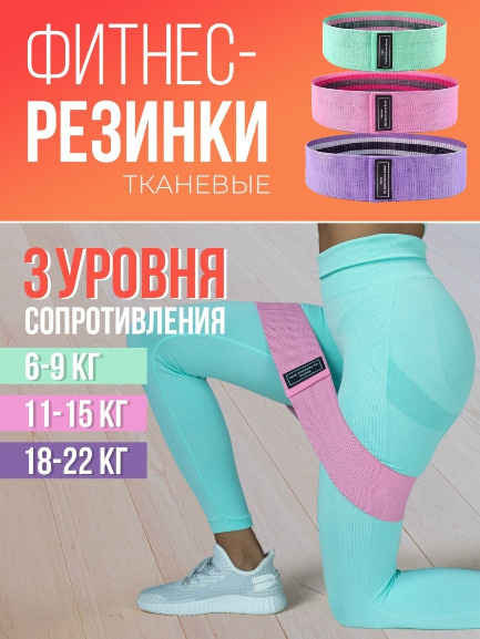Тканевые спортивные резинки для фитнеса и спорта, набор 3 шт/ Фитнес ...