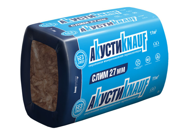 Звукоизоляция АкустиКНАУФ СЛИМ 920x600x27, 11 м2 / 20 плит по низкой ...