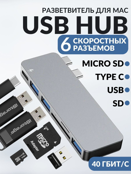 USB 3.0 хаб Адаптер 6 в 1 для макбука Pro и Air - купить с доставкой по ...