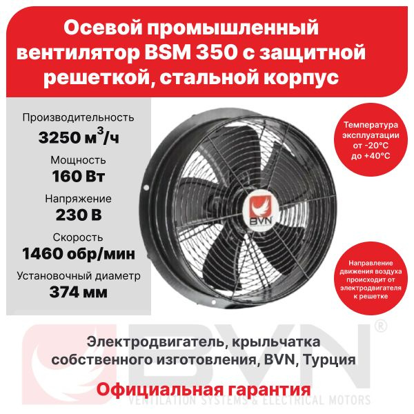Вентилятор осевой промышленный BSM 350 с защитной решеткой, 3250 м3/час ...