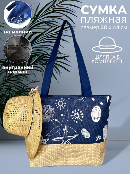 Сумка пляжная Ракушки 30х44 см и Шляпка в комплекте VITmarket на молнии ...