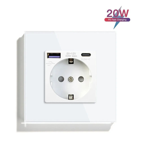 Розетка электрическая USB&Type C, с блоком питания 20W, рамка стекло ...