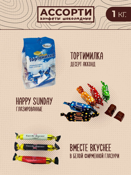 Конфеты шоколадные ассорти 1 кг: Акконд Тортимилка; HAPPY SUNDAY ...