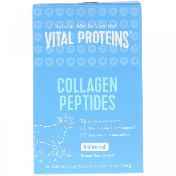 Vital Proteins, пептиды коллагена, без вкуса, 20 пакетиков, весом 10 г ...