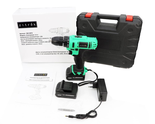 Дрель аккумуляторная Zitrek Greenpower 12-Li (12В, Li-ion аккумулятор ...
