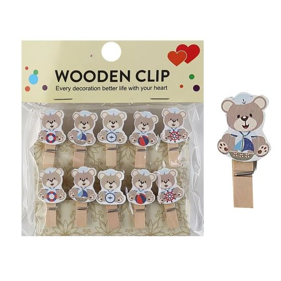 Прищепки деревянные набор 10 шт, 3,5 см, пакет ОПП, европодвес Bears ...