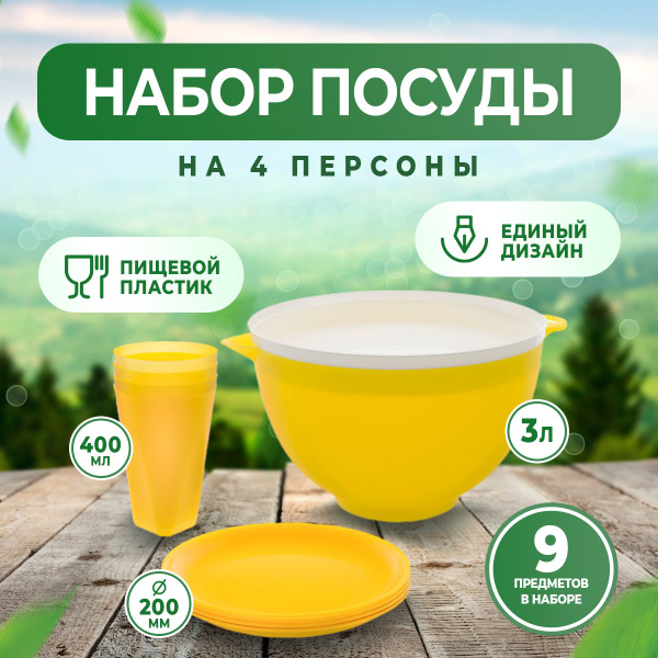 Набор посуды для дачи и пикника пластиковый на 4 персоны, 9 предметов ...