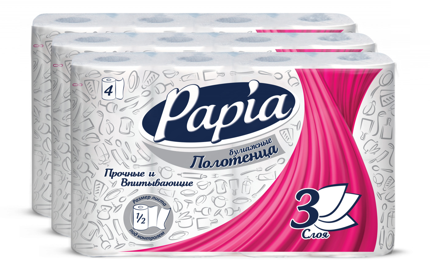 PAPIA бумажные полотенца, трехслойные, цвет: белый, комплект, 12 ...
