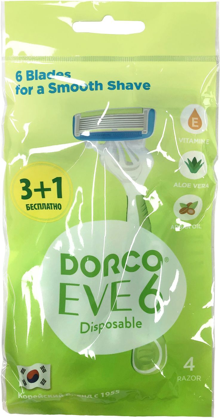 DORCO ЕVE 6 shai vanilа NEW, Женский одноразовый станок 6 лезвий, с плавающей головкой и увлажняющей полосой 4шт