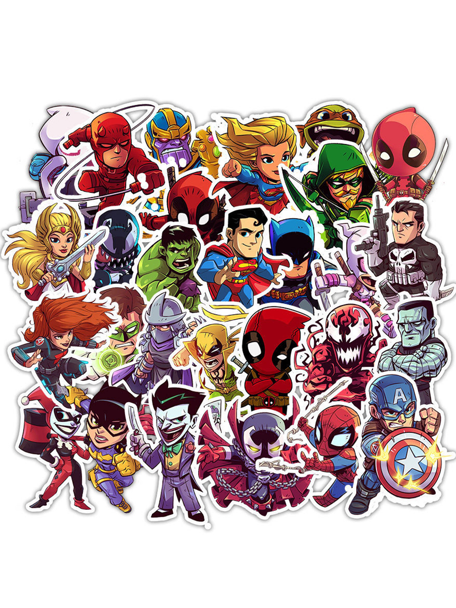 Набор наклеек герои Марвел и ДС 50 шт./Heroes of Marvel and DC sticker ...