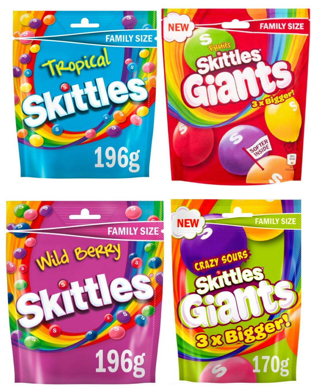 Skittles драже Mix 4 вкуса Giants Gaints Crazy Sours Wild Berry Tropical — купить в