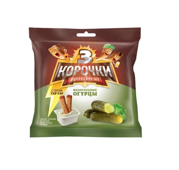 Сухарики 3 Корочки ржаные, Молосольный огурец соус Тартар, 60г+20г по ...