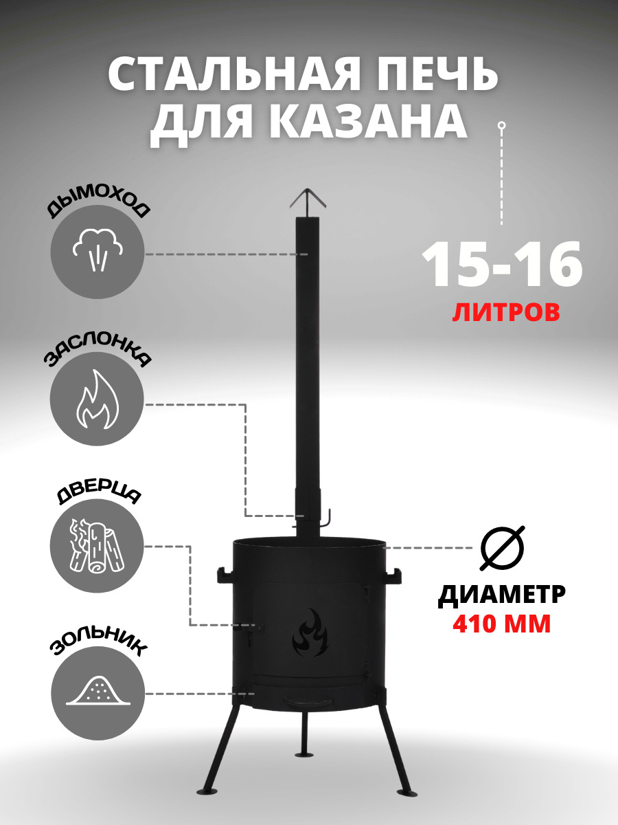 Усиленная печь 3 мм для казана 10 л с трубой и заслонкой (Очаг Премиум)