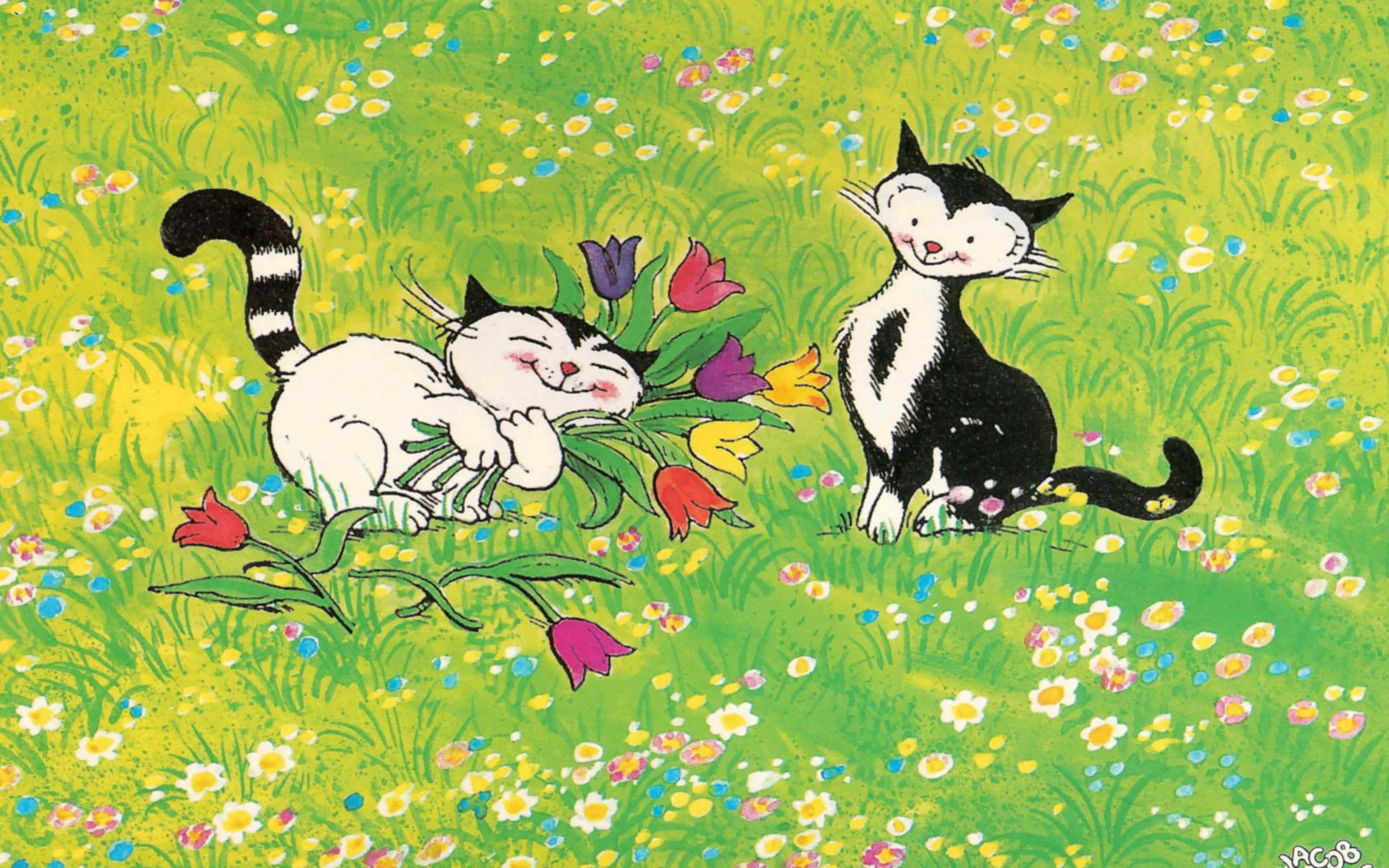 Ромашковая кошка. Котята на Поляне с цветочками. Кот на лужайке. Лужайка картина.