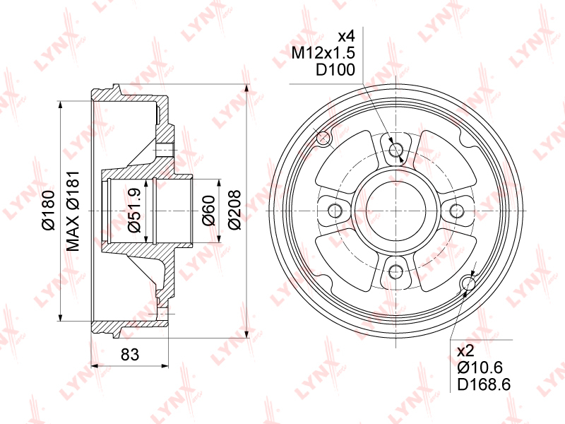 Барабан тормозной (180x52) LYNXauto BM-1033. Для: RENAULT Рено Logan(Логан) I 07> / Clio(Клио) II 98>
