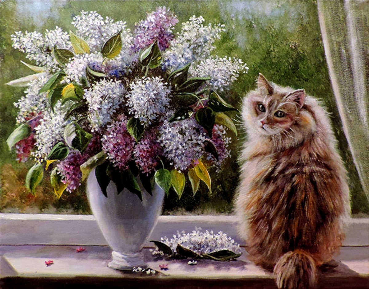 Кошка и сирень