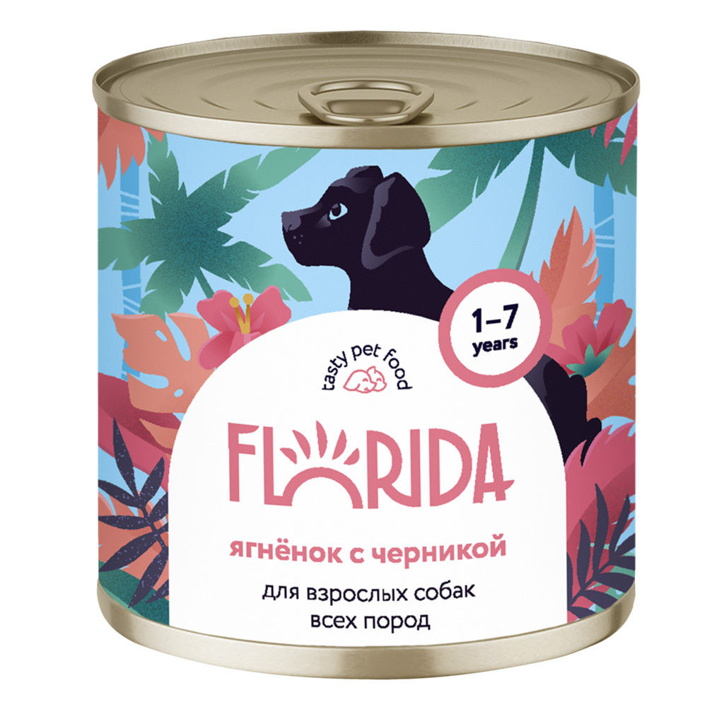 Florida Dog Ягненок с Черникой Консервы / корм влажный для взрослых собак, 12 шт x 240 г (2,88 кг) / Флорида супер-премиум