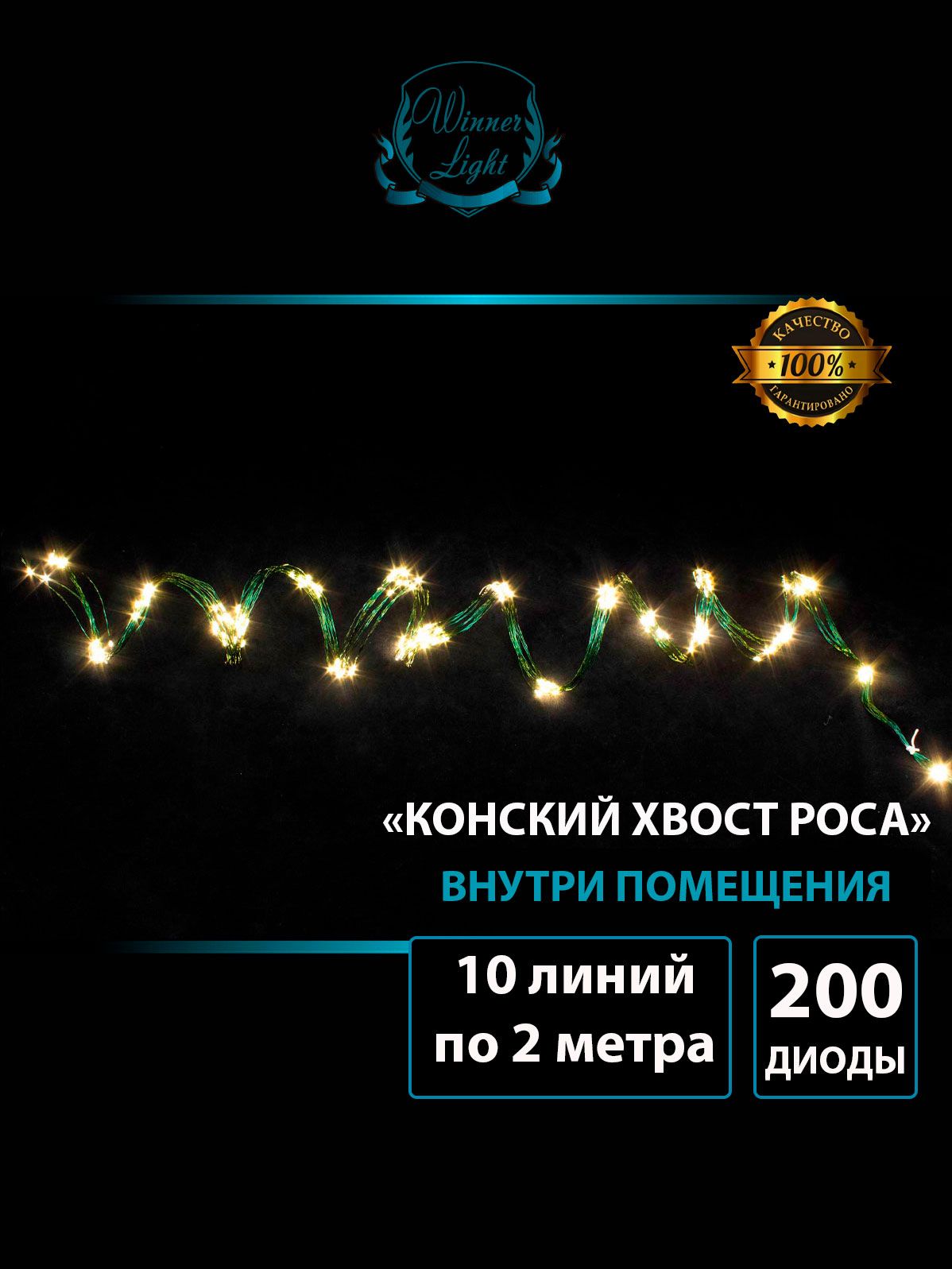 ГирляндаНитьРосаКонскийХвостнаелку,цветтепло-белый,10х2м,200LED-лампочек,питаниеотсети,Winnerlight