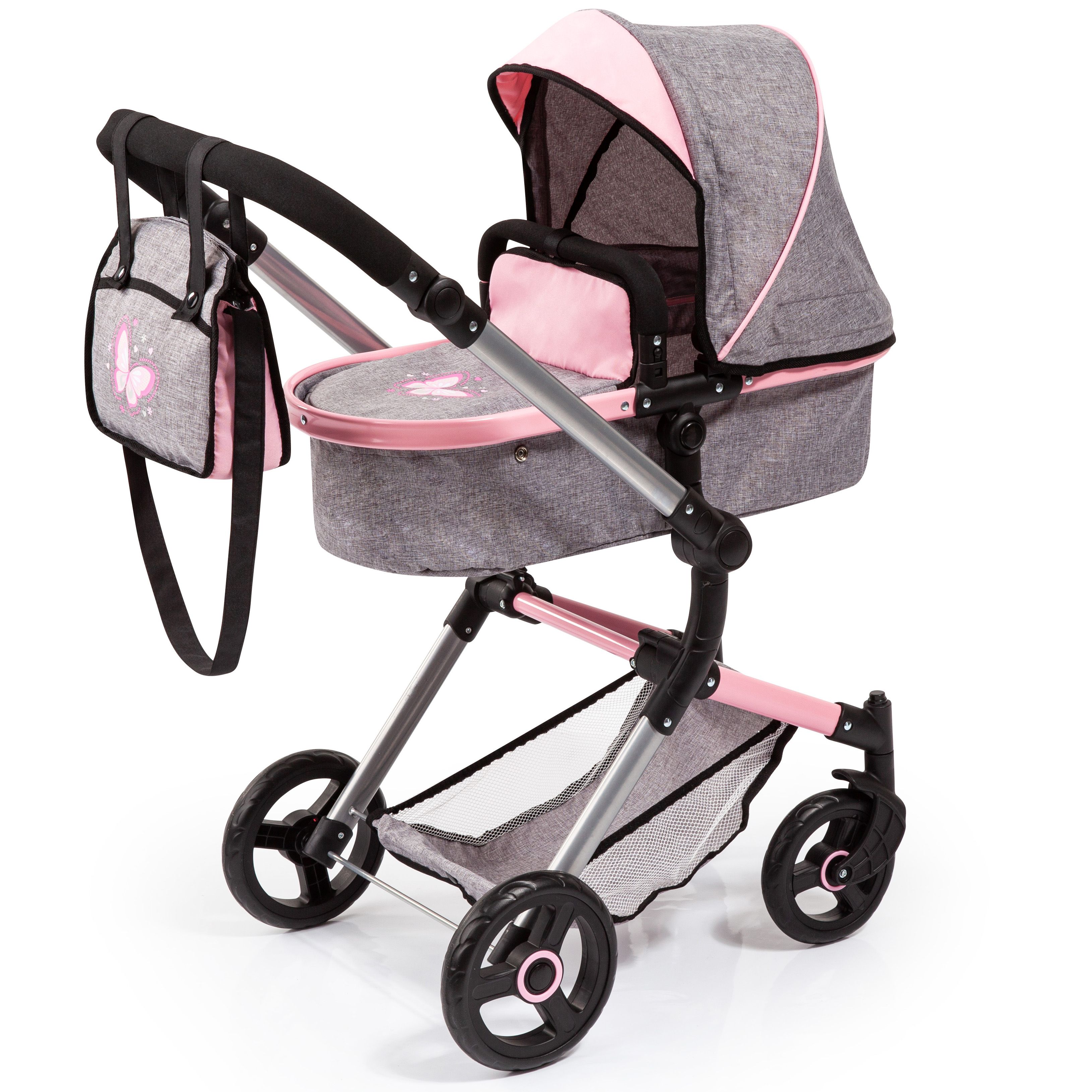 Детская Коляска для кукол Pram Neo Vario (серо-розовая)