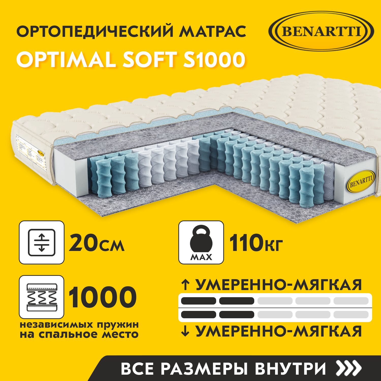 Матрас Benartti OPTIMAL Duo s1000 155x200 пружинный