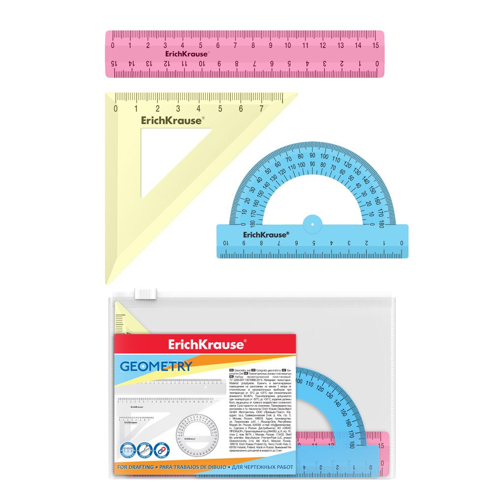 Набор геометрический малый пластиковый ErichKrause Pastel, (линейка, угольник, транспортир), ассорти из 3 цветов, в zip-пакете