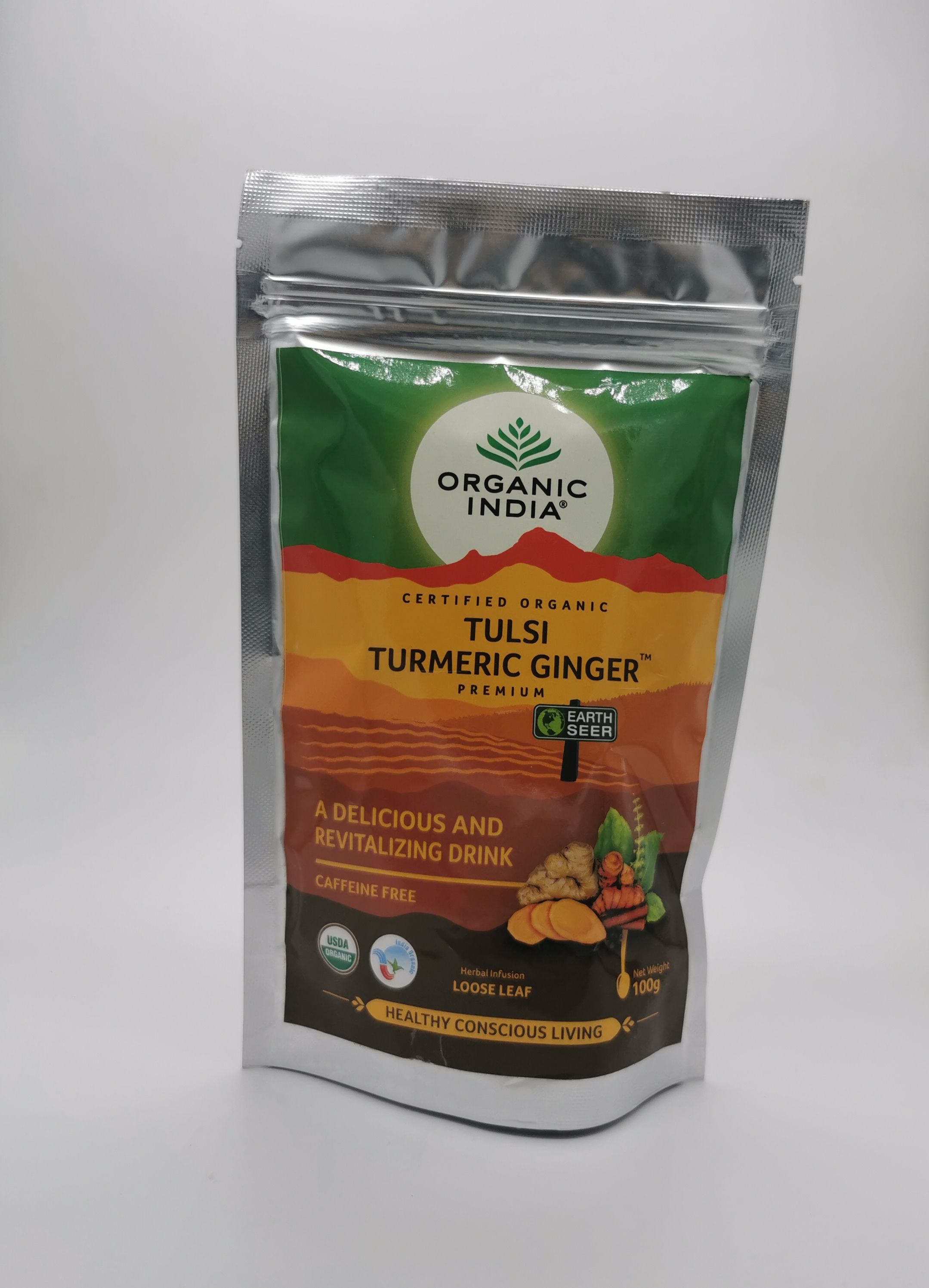 Индийский чайный напиток травяной, т.м. ORGANIC INDIA, Тулси (Базилик) КУРКУМА ИМБИРЬ листовой в зип-пакетах по 100гр.