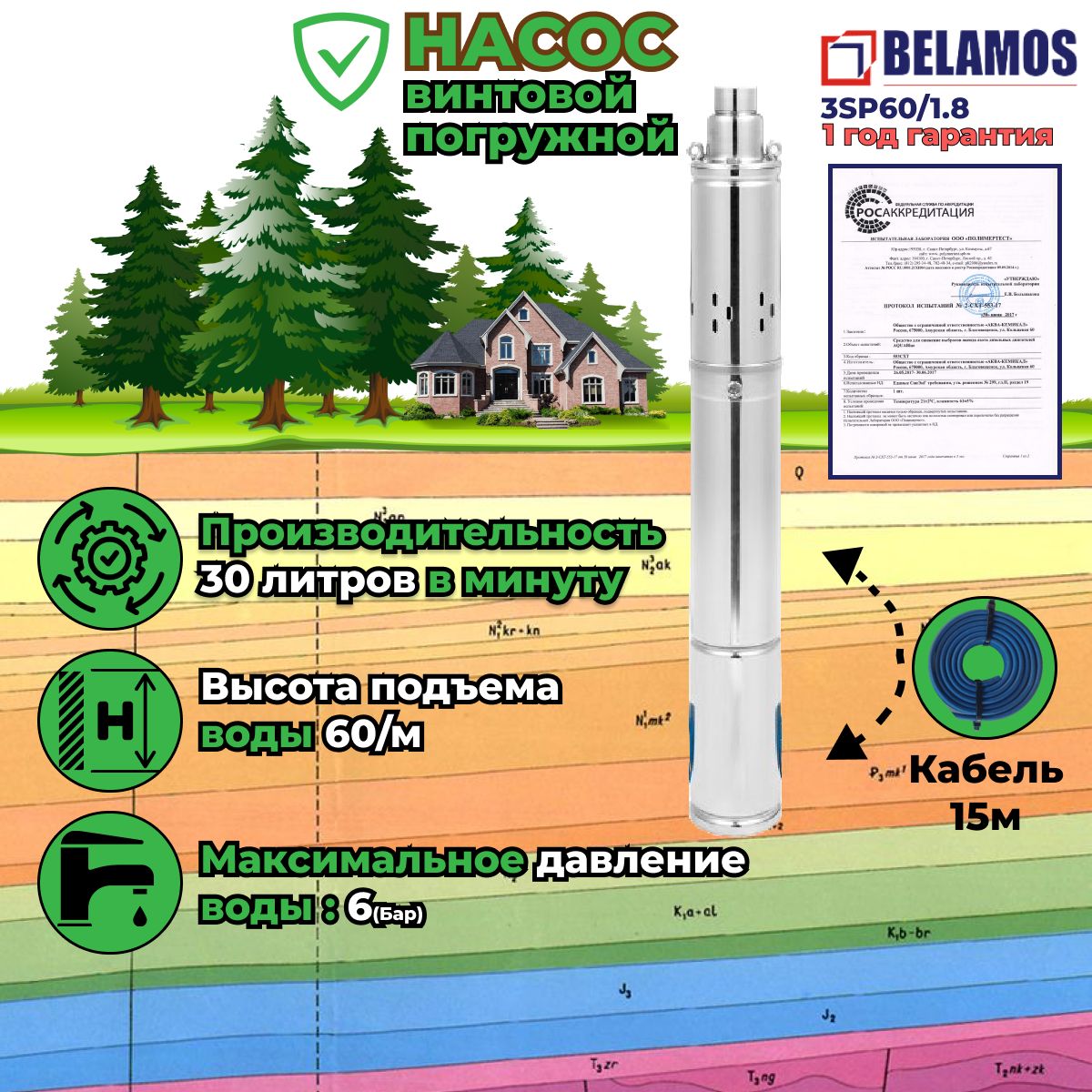 Скважинный винтовой насос Belamos 3SP60/1.8 (диаметр 75мм, кабель 15м)