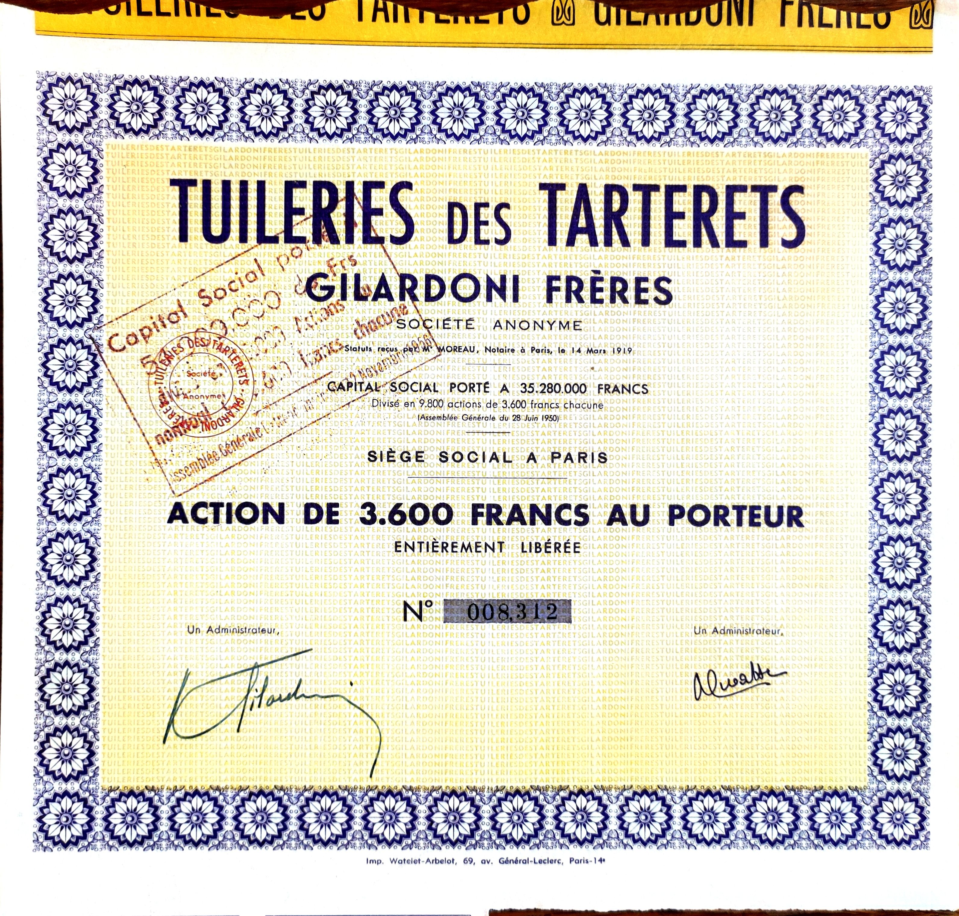 Tuileries des Tarterets. Братья Гилардони. Акция в 3600 франков, на Предъявителя. 1919 г.