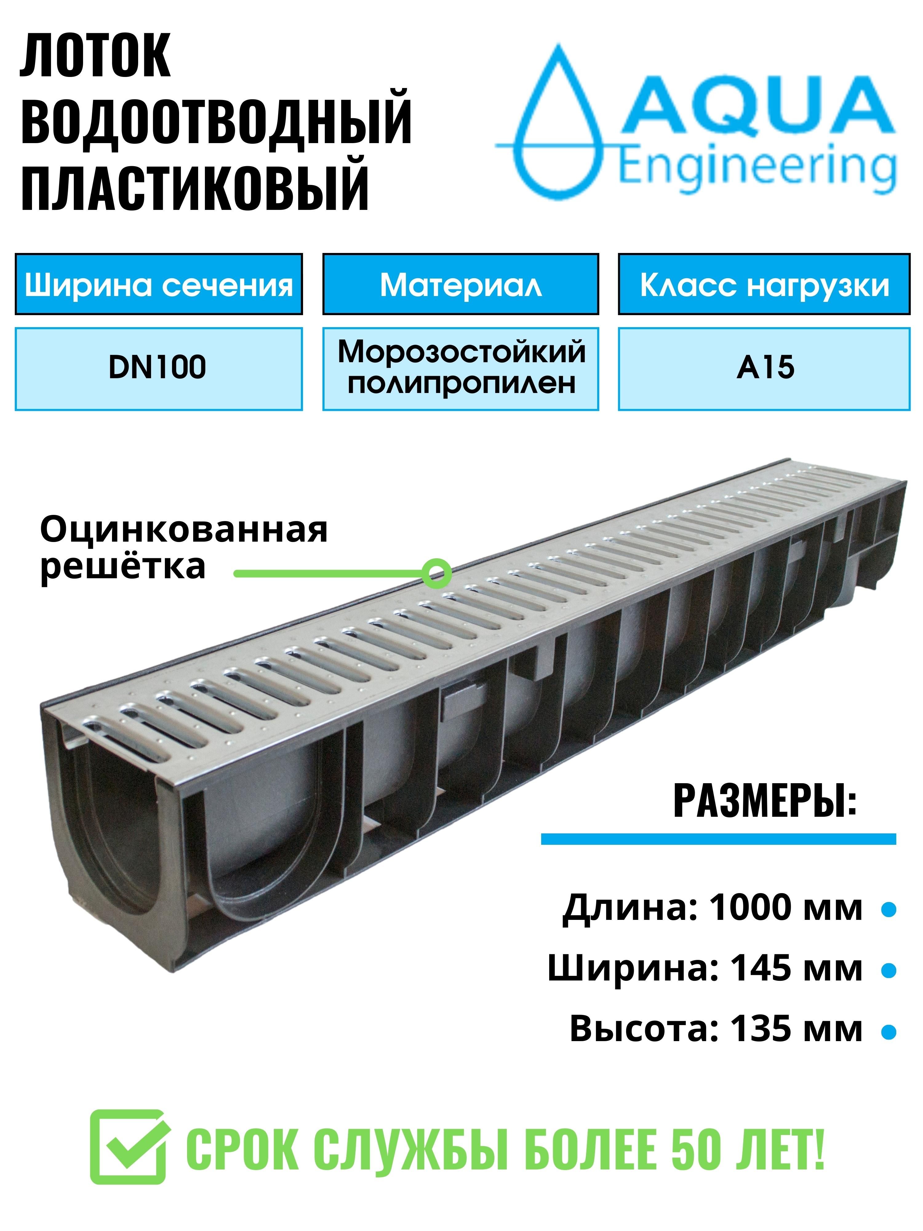Лоток водоотводный пластиковый, дренажный, с штампованной решёткой из оцинкованной стали, 1000x145x135 мм.