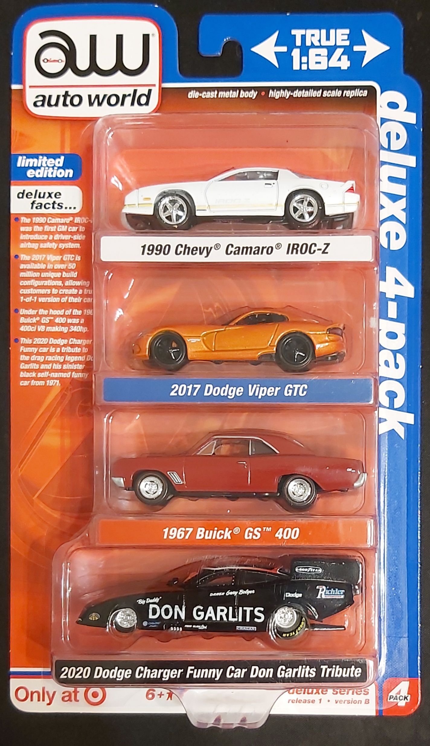 Auto World, Deluxe 4-pack, 1990 Chevy Camaro IROC-Z, 2017 Dodge Viper GTC,  1967 Buick GS 400, 2020 Dodge Charger, ксклюзивная редкая коллекционная  модель - купить с доставкой по выгодным ценам в интернет-магазине OZON  (871831315)