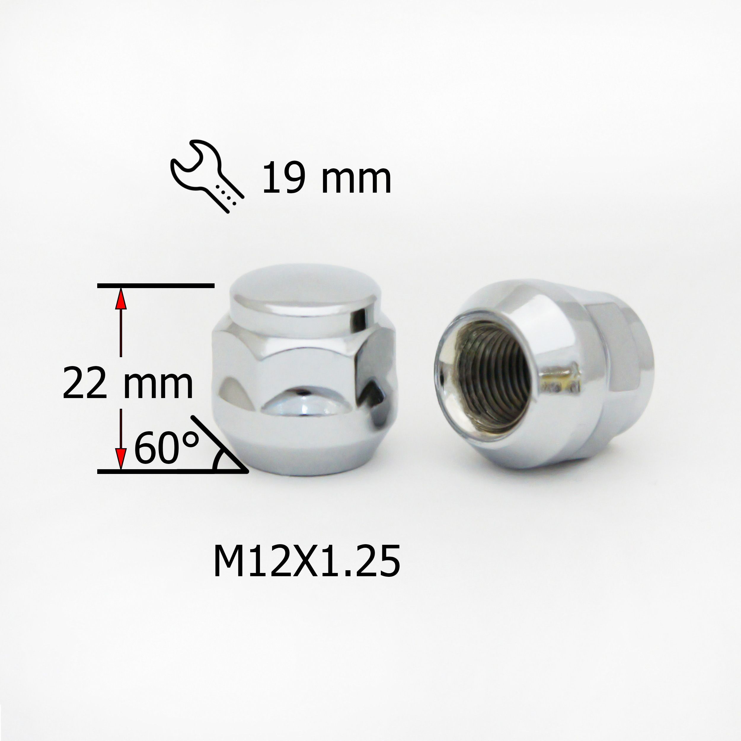 Гайка колесная M12х1,25 высота 22мм, Конус - 20 штук, закрытая, цельная, ключ 19мм, Хром