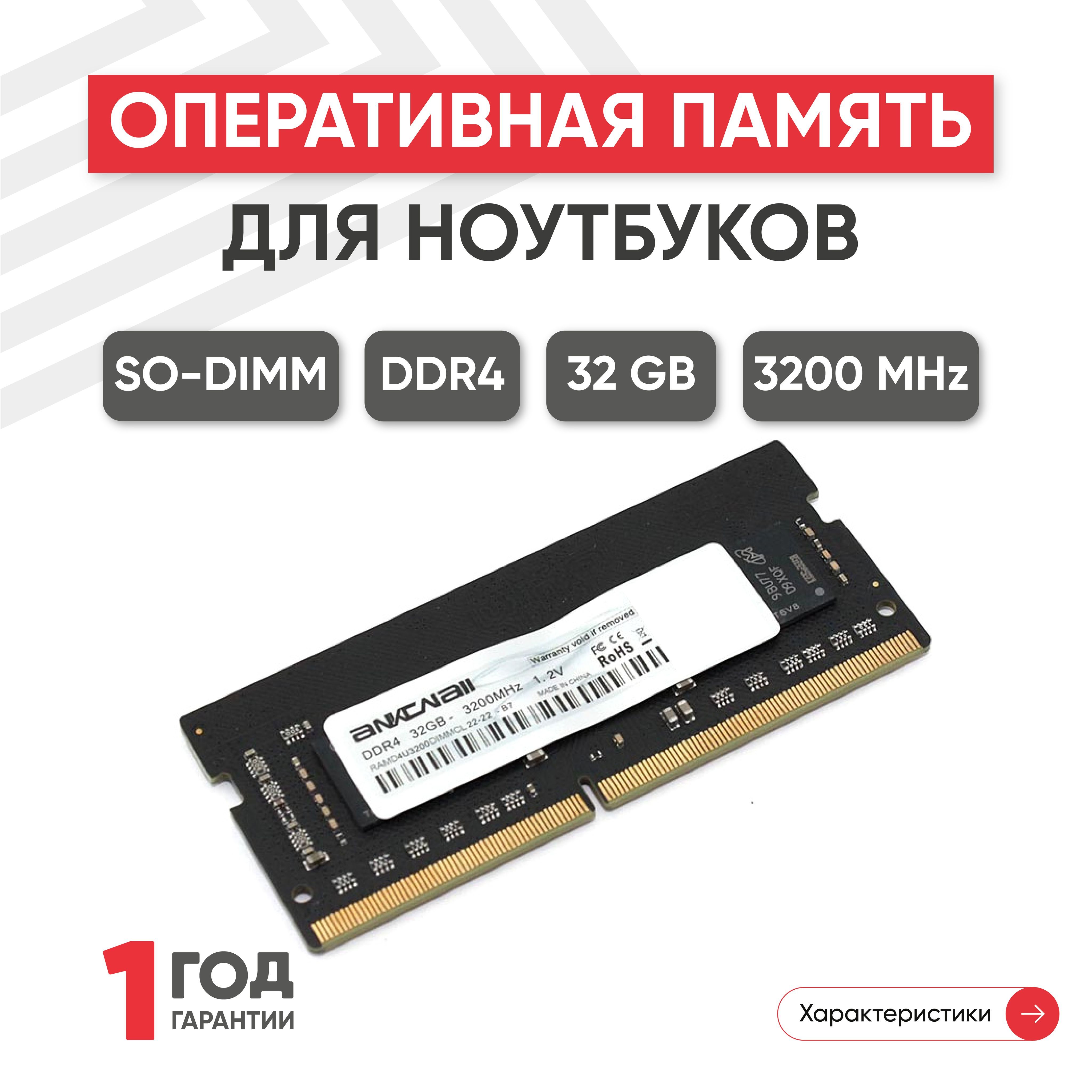 Ankowall Оперативная память (ОЗУ, оперативка) для ноутбука, DDR4, 32Gb,  3200MHz, 1.2V, SODIMM, PC4-25600 1x32 ГБ (RAMD4S3200SODIMMCL22)