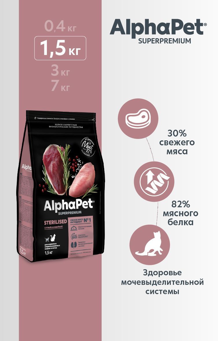 ALPHAPET SUPERPREMIUM STERILISED 1,5 кг сухой корм для взрослых стерилизованных кошек и котов с уткой и индейкой