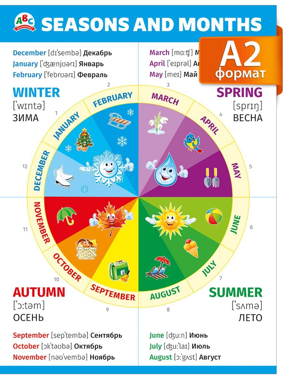 Плакат английский язык Времена года формат А2, 60х44см