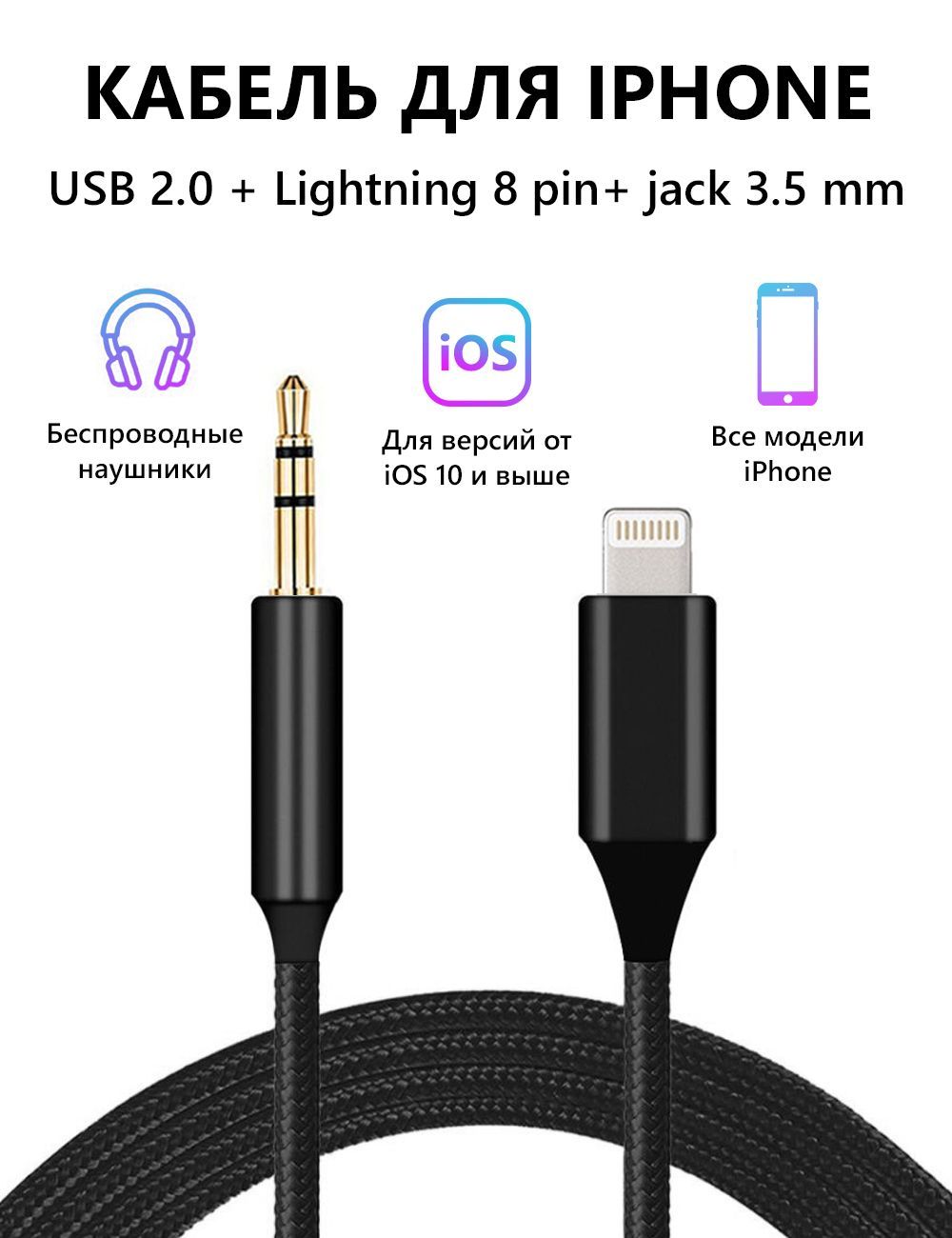 Кабель AUX для iPhone в машину / jack 3.5 мм - Lightning 8pin / аудио  переходник для смартфонов, 1 метр